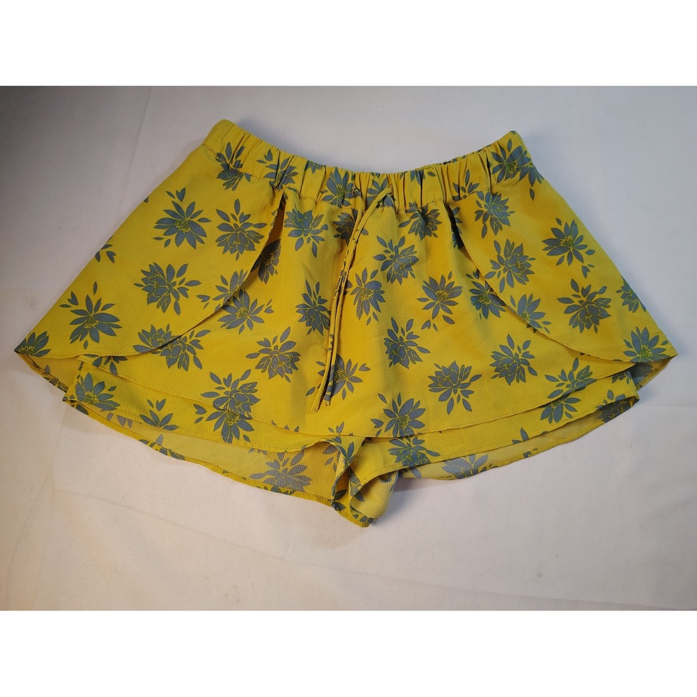 Zara Trafaluc Floral Lotus Skort Mini Shorts Elastic Waist Yellow Blue Summer S
